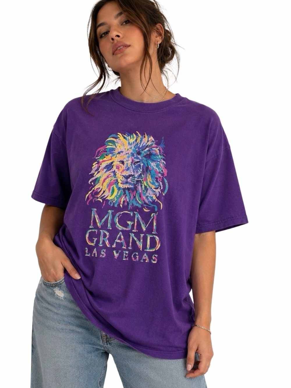 MGM Grand Las Vegas Purple Graphic T Shirt Rainbow Lion Logo Size Large